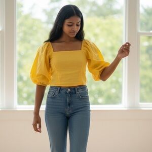 Dee Elly Square Neck yellow cropped puffed sleeve top, size Medium